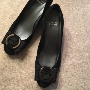Stuart Weitzman Black Suede Open Toed Wedges, 7.5M
